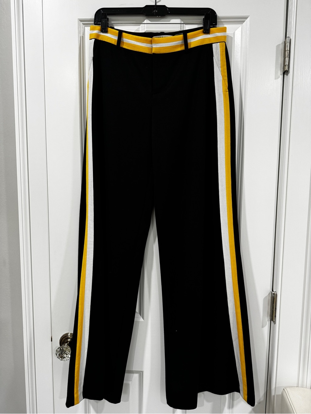 Alice + Olivia Black Wide-Leg Pants with Yellow and White Side Stripes